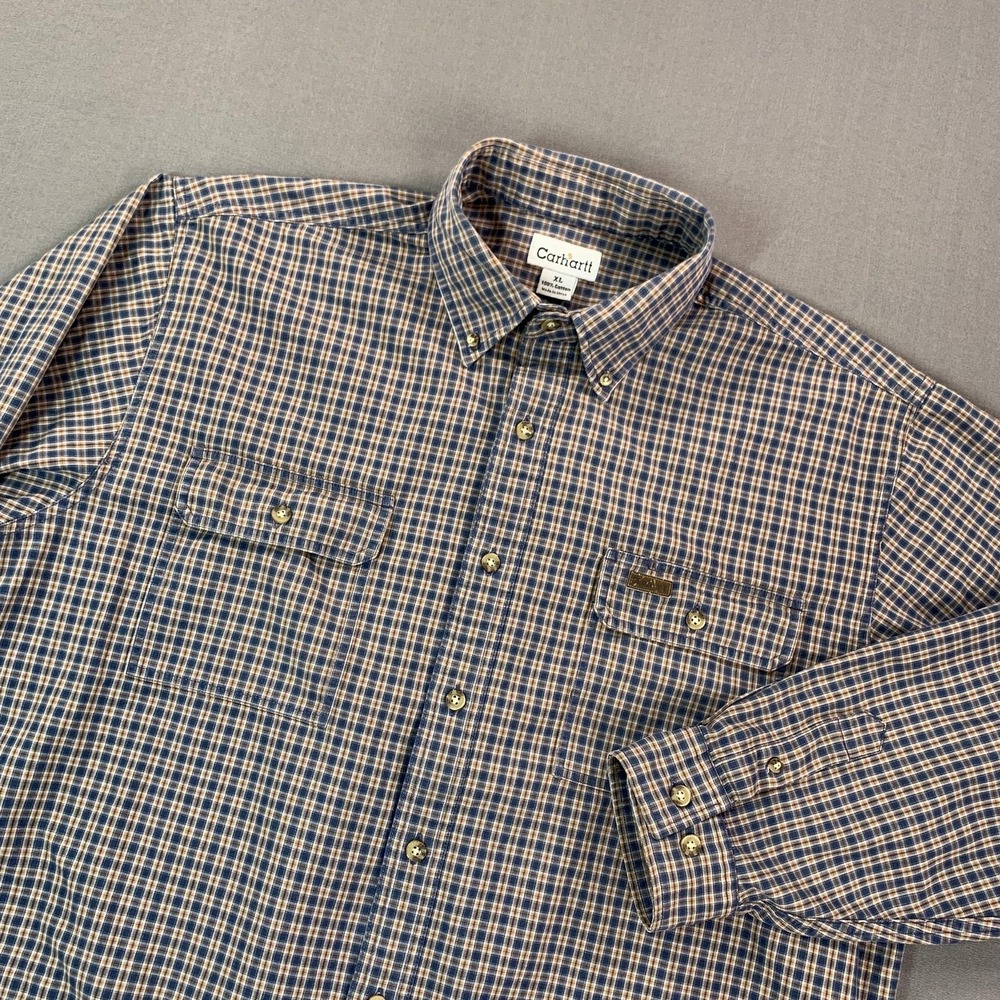Carhartt Shirt Mens XL Blue Tan Plaid Long Sleeve Button Up Workwear Cotton